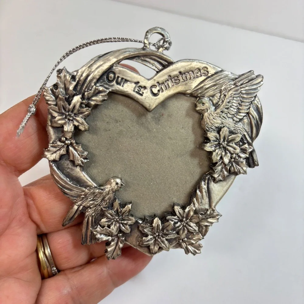 Vintage Pewter Christmas Ornament Our 1st Heart Photo Frame